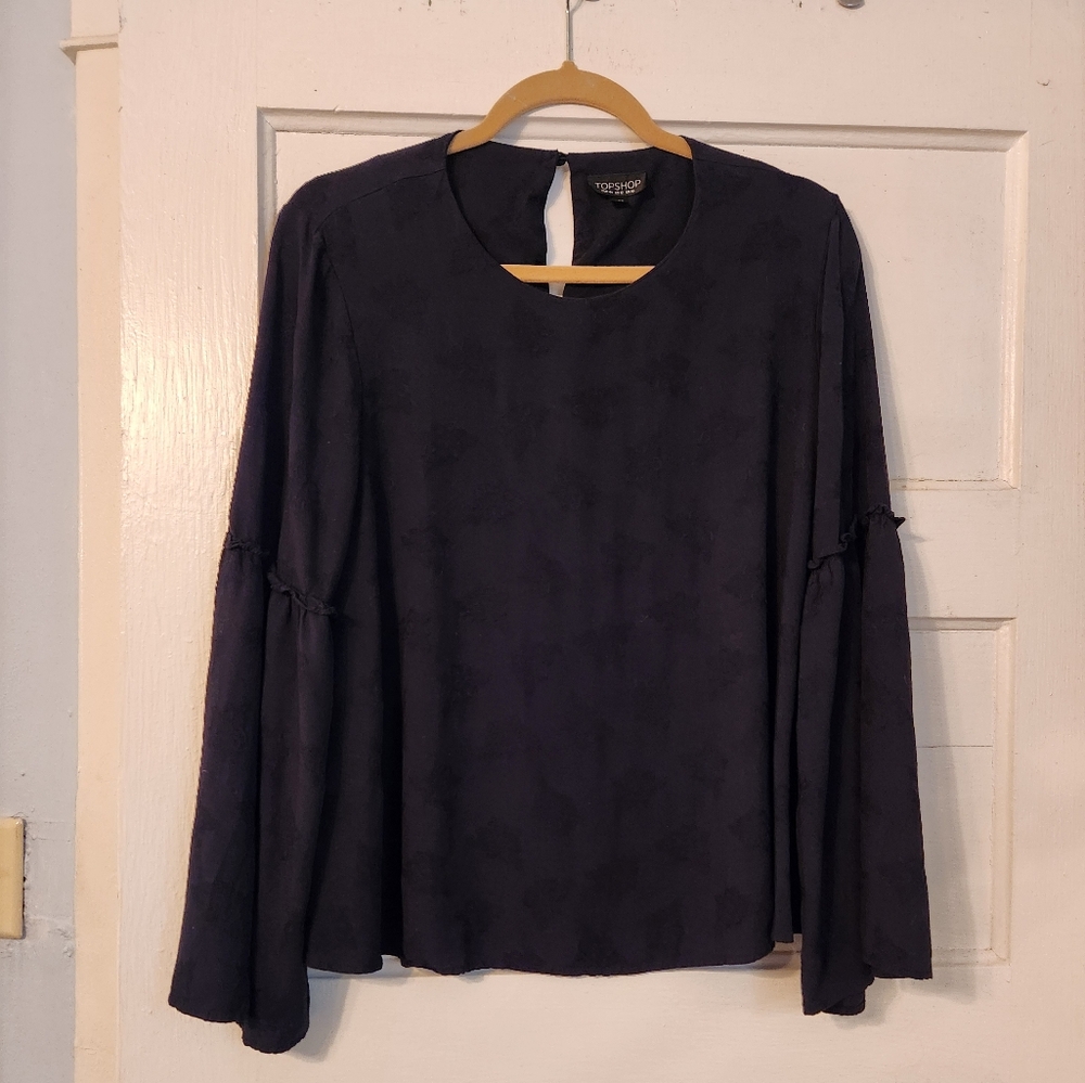 Topshop Blouse, Navy Blue Floral Pattern Size 12 Bell Sleeve, EUC Office Boho